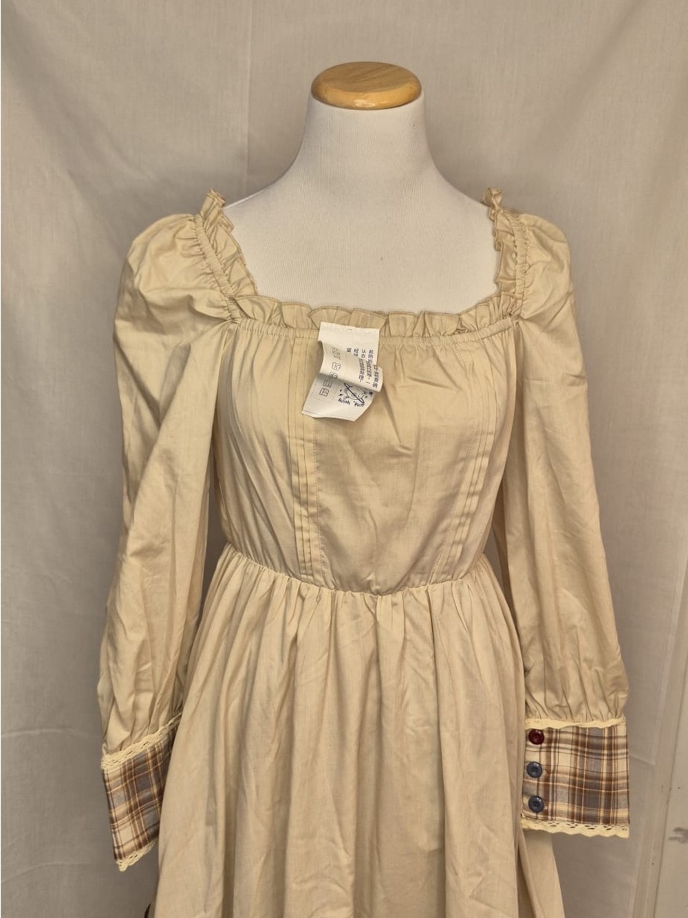 2060 - Women's Cream Long Sleeve Peasant Dress with Plaid Cuffs
